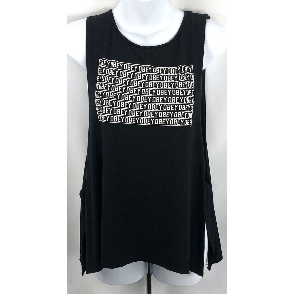 Obey Logo Tank Top L Blk Open Slit Sides Sleeveless Stretch Beach Workout Gym